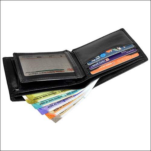 Black Leather Wallet - Genuine Grain Leather, 11.5x9 Cm, Black Color, 6 Credit Card Slots, Rfid Protected, Multiple Compartments