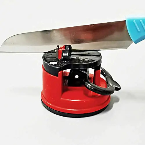Manual Kitchen Knife Sharpener - Stainless Steel, Red Color | Serrated Knife Sharpening, Suction Cup Base, Easy And Safe Operation
