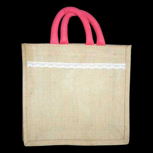 Hand Woven Pure Jute Shoulder Bag - 12x12 Inches, Brown with Pink | Eco-Friendly, Spacious, Multi-Use with Strong Medium Handles