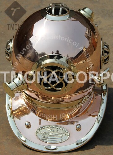 गोल्डन एंटीक यूएस नेवी डीप सी मरीन स्का स्कूबा रिप्रोडक्शन डाइविंग हेलमेट डाइवर्स हेलमेट मार्क IV Dh0037