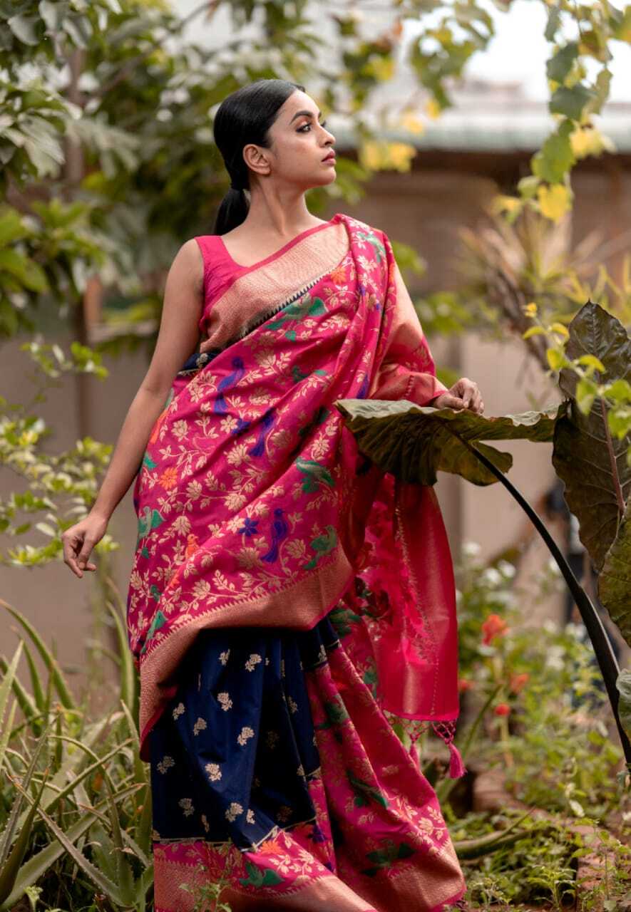 Navy Blue With Pink Kanchi Banarashi Unique Wear Saree