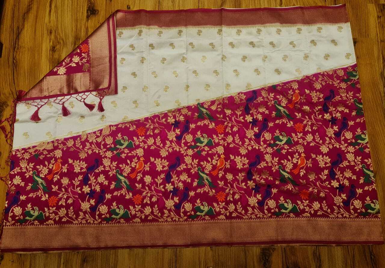 White With Pink Meen And Birds Banarashi Silk Unique Weaving