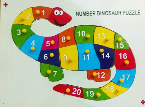 Wooden Dinosaur Shape Number & Alphabet Puzzle - 30x20x3 Centimeters, Multi-Color Learning Toy With Knobs for Ages 3+