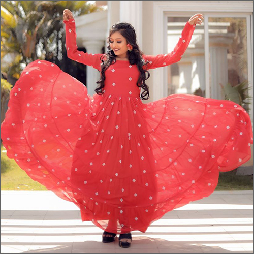 Washable Fox Georgette With Embroidery Work Ruffle And Full Flyer Gown