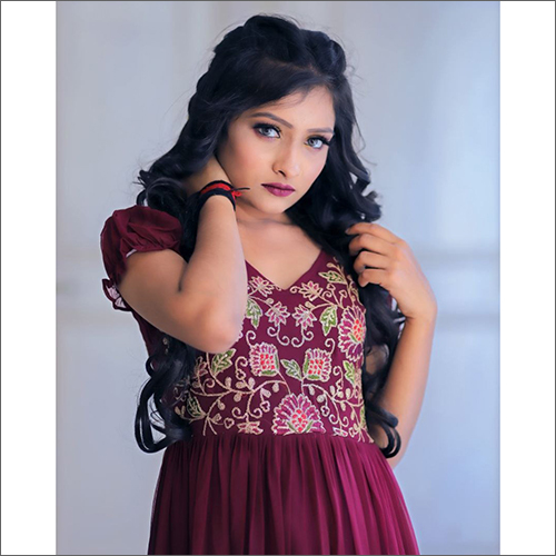 Washable Fox Georgette Gown With Full Siqunce Work