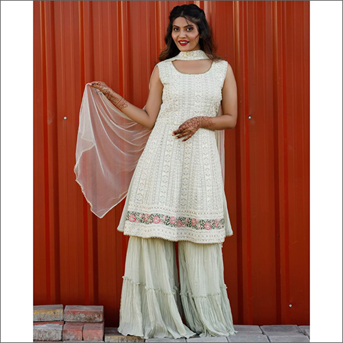 Washable Ladies White Designer Sharara Suit