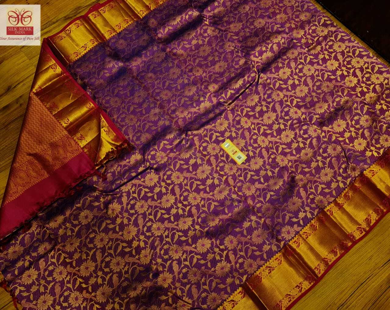 Kanjivaram Bridal Saree - Pure Kanjivaram Silk, Customized Size, Dark Purple Color, Tissue Jarie Weaving With Meena Work, Light Weight Design, Silk Mark Certified, Contrast Pallu And Blouse, Traditional Style