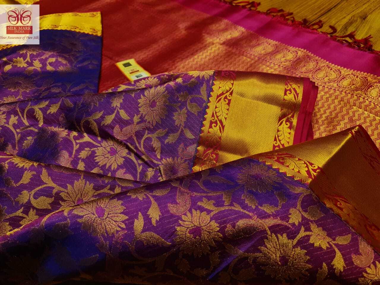 Kanjivaram Bridal Saree - Pure Kanjivaram Silk, Customized Size, Dark Purple Color, Tissue Jarie Weaving With Meena Work, Light Weight Design, Silk Mark Certified, Contrast Pallu And Blouse, Traditional Style