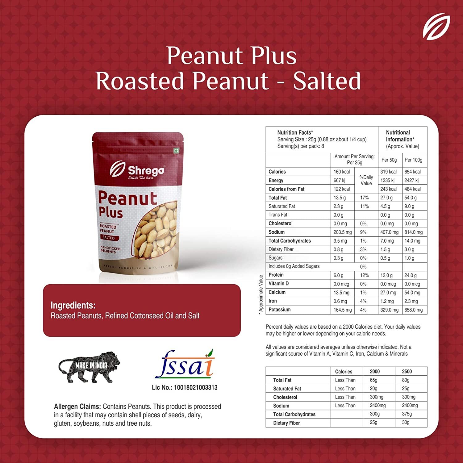 Roasted Peanut Salted - 200 Grams, Brown Color, Dry Roasted, 6.0g Protein, 13.5g Total Fat, 203.5mg Sodium, Salty Flavor, Vacuum Packed Pouch