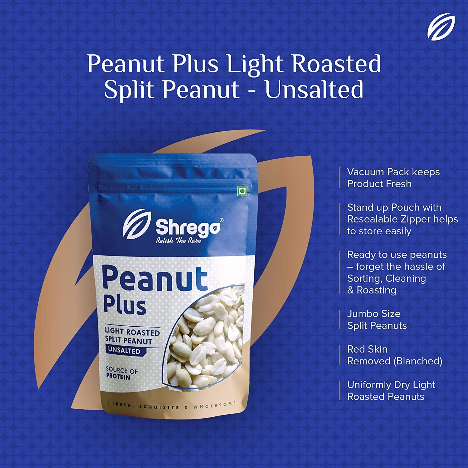 Light Roasted Split Peanut Unsalted - Dry Roasted Jumbo Size, Resealable Pouch, Slightly Sweet Flavor | High Protein, Gluten Free, Versatile For Recipes