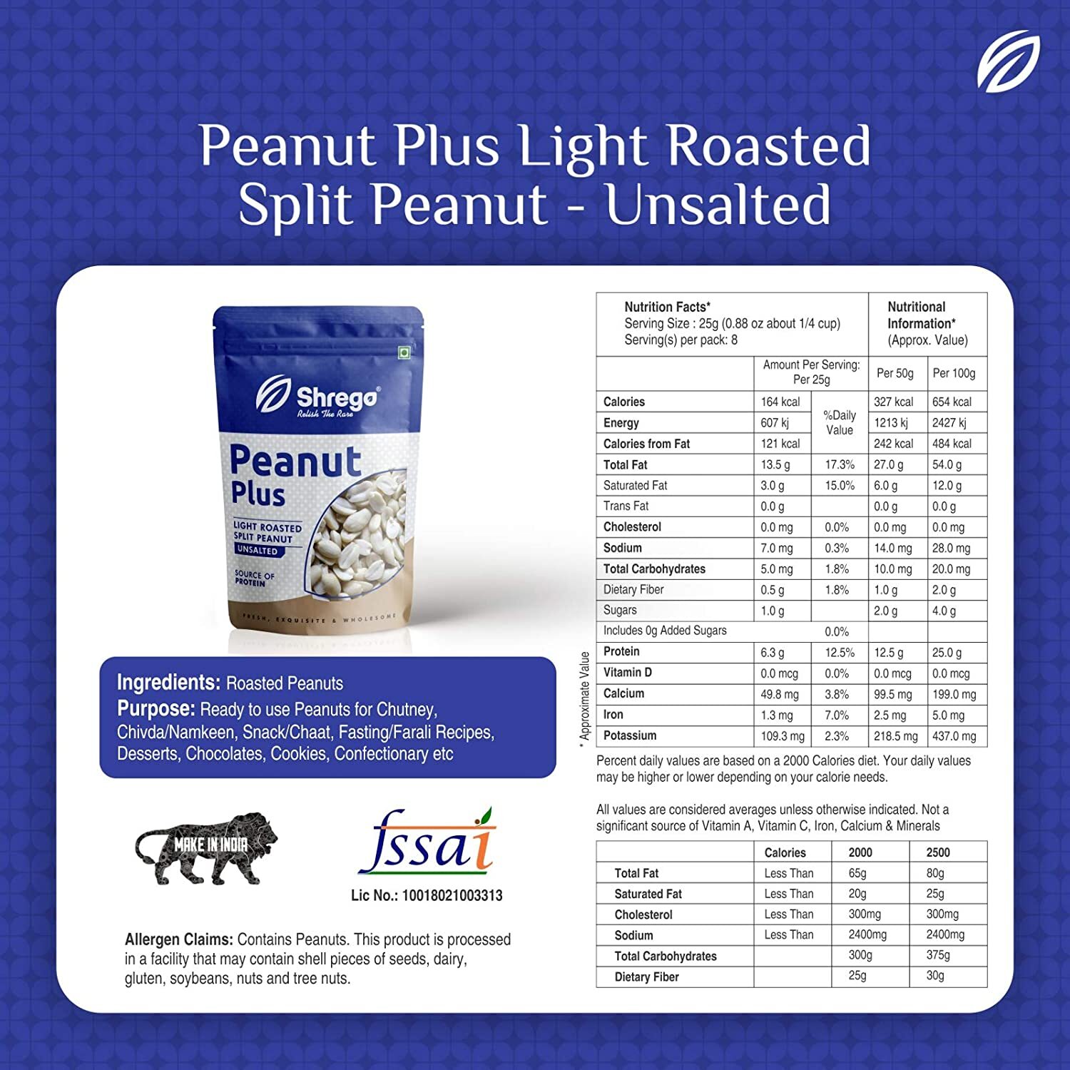 Light Roasted Split Peanut Unsalted - Dry Roasted Jumbo Size, Resealable Pouch, Slightly Sweet Flavor | High Protein, Gluten Free, Versatile For Recipes