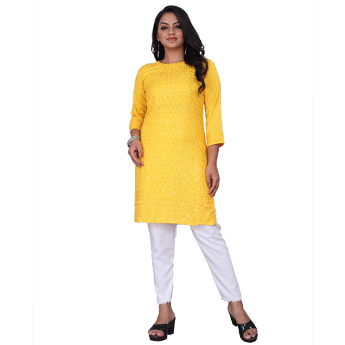 Ladies A-Line Kurtis - Rayon Fabric, Sizes M-L-XL-XXL, Yellow Color | Embroidered Design, Washable, Casual Daily Wear