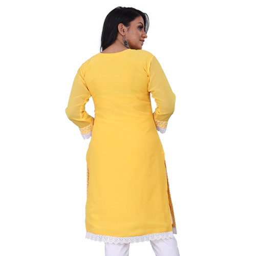Ladies Yellow Color Kurtis - Georgette Fabric, Sizes M, L, Xl, Xxl | Full Embroidery Work, A-line Style, Casual Daily Wear, Washable