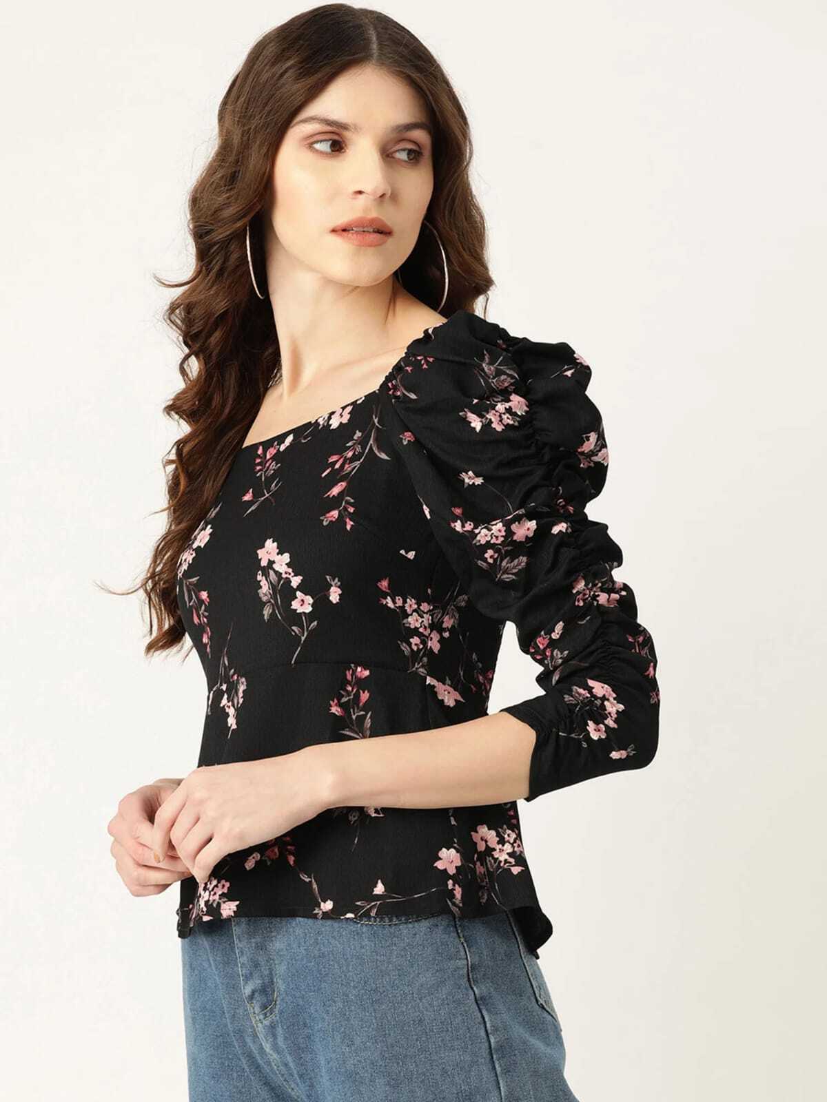 Fancy Printed Top - Black Multicolor Floral Printed Polyester Crepe Peplum Top, Wide V Neckline, Elastic Shoulders, Exaggerated Puff Sleeves
