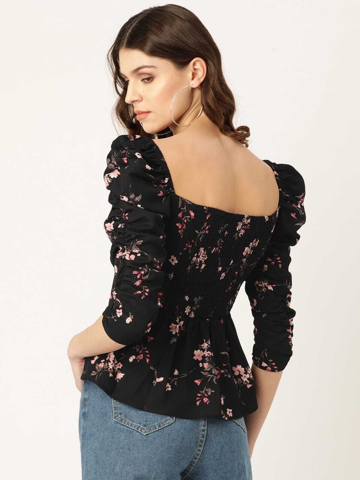 Fancy Printed Top - Black Multicolor Floral Printed Polyester Crepe Peplum Top, Wide V Neckline, Elastic Shoulders, Exaggerated Puff Sleeves