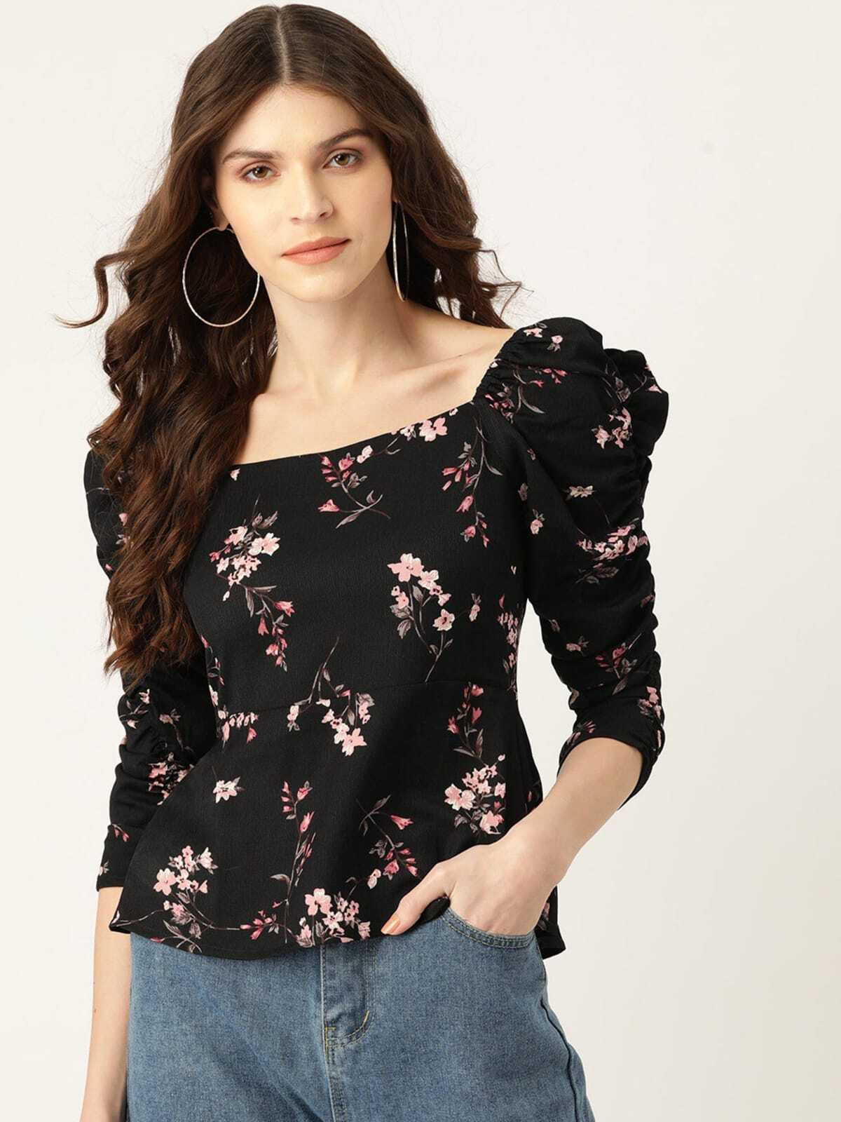 Fancy Printed Top - Black Multicolor Floral Printed Polyester Crepe Peplum Top, Wide V Neckline, Elastic Shoulders, Exaggerated Puff Sleeves