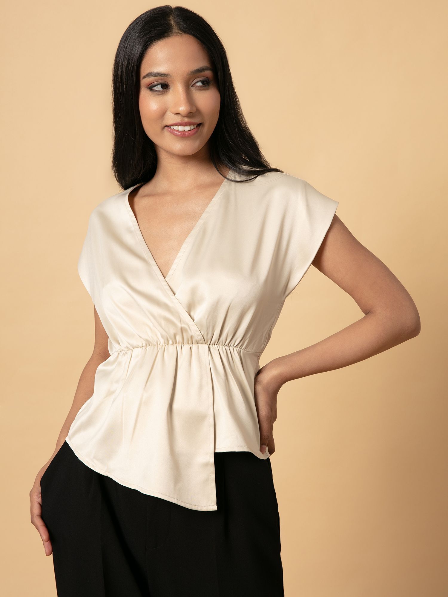 Ladies Peplum Style Top - Hammer Satin, Short Cap Sleeves, Off White Color, Breathable And Washable