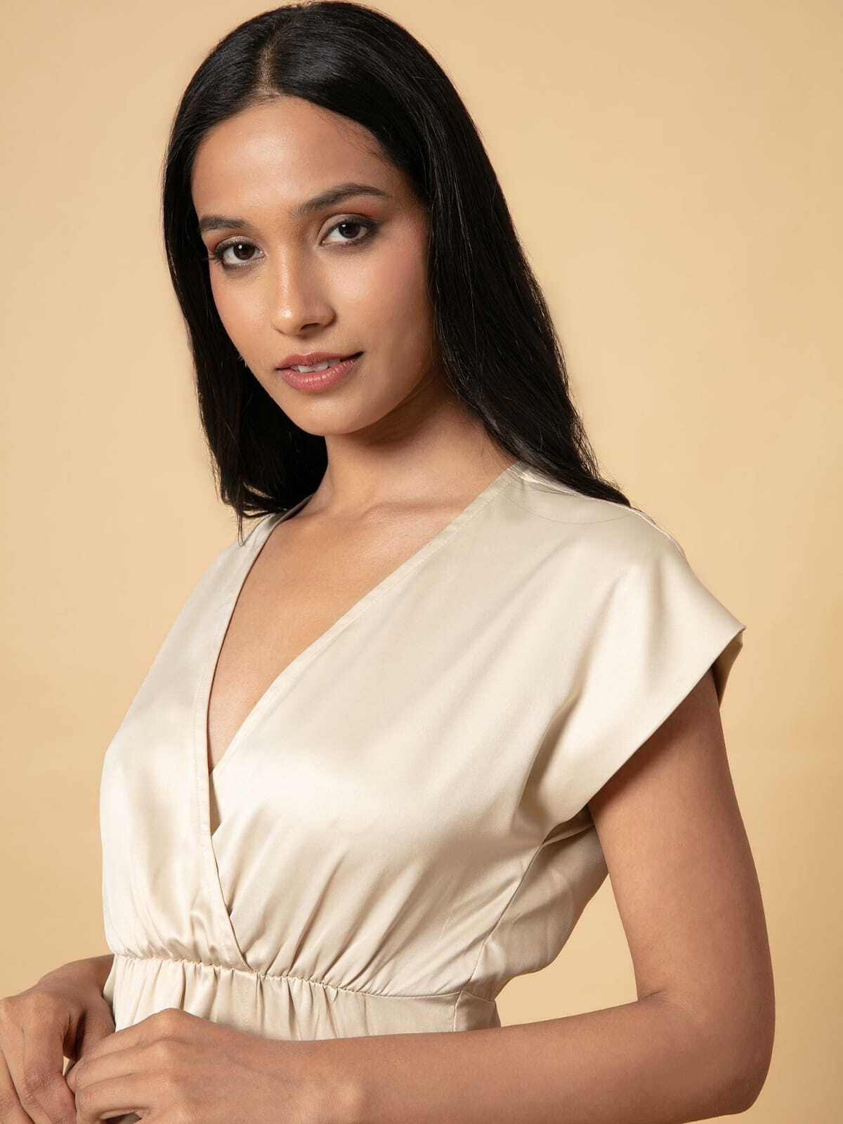 Ladies Peplum Style Top - Hammer Satin, Short Cap Sleeves, Off White Color, Breathable And Washable