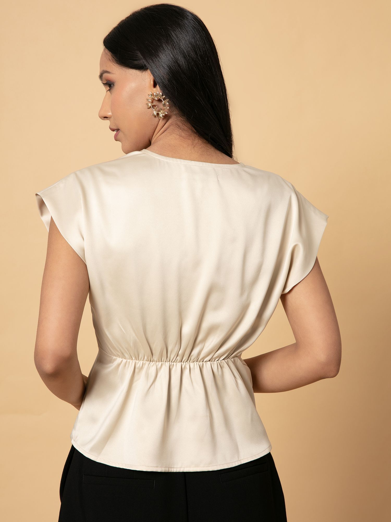 Ladies Peplum Style Top - Hammer Satin, Short Cap Sleeves, Off White Color, Breathable And Washable