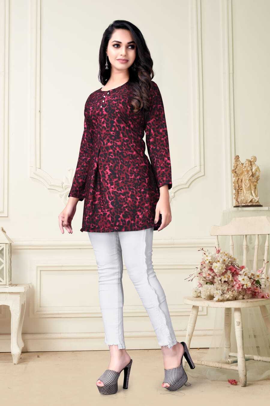 Ladies Western Top - Crepe Fabric, Size S/m/l/xl, Maroon Color, Full Sleeves, Printed Pattern | Breathable, Washable, Suitable For All Seasons