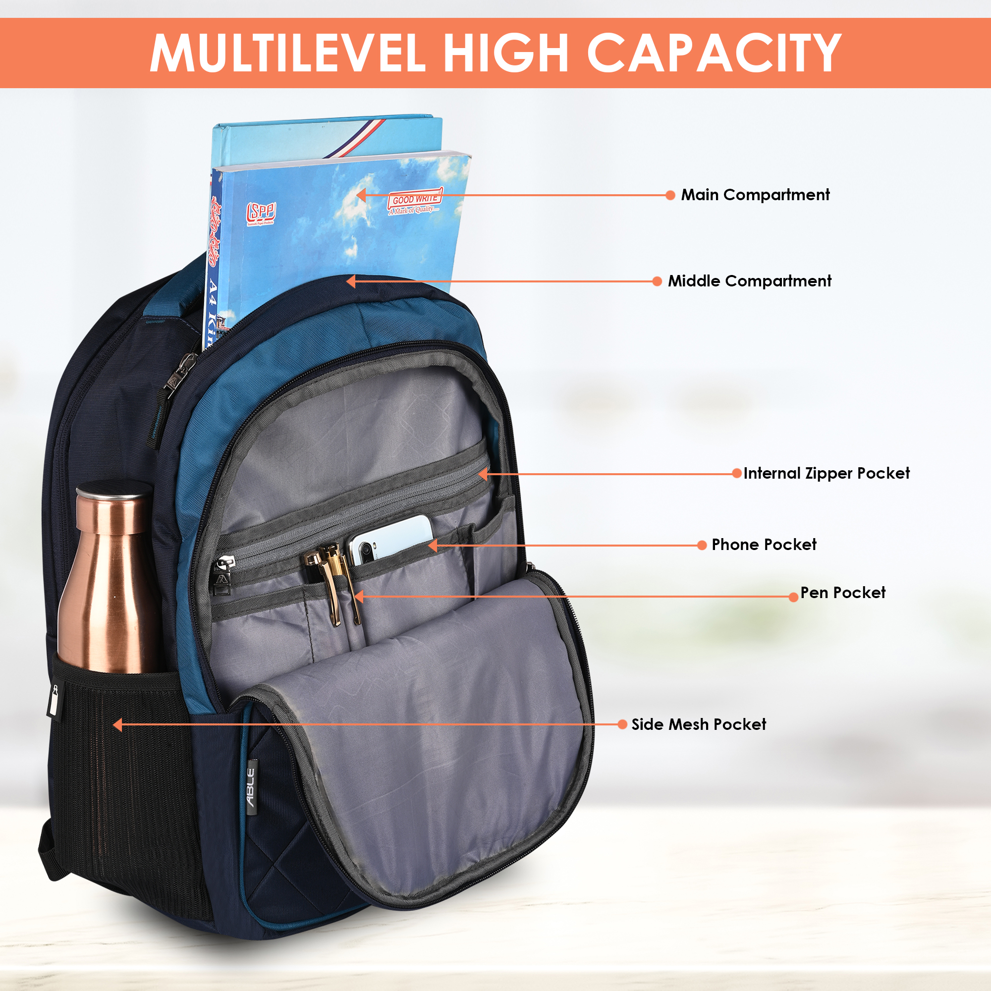 Able Diamond Backpack - Compact Design | Unisex Waterproof Shoulder Bag For Multipurpose Use In Blue, Available In Various Colors