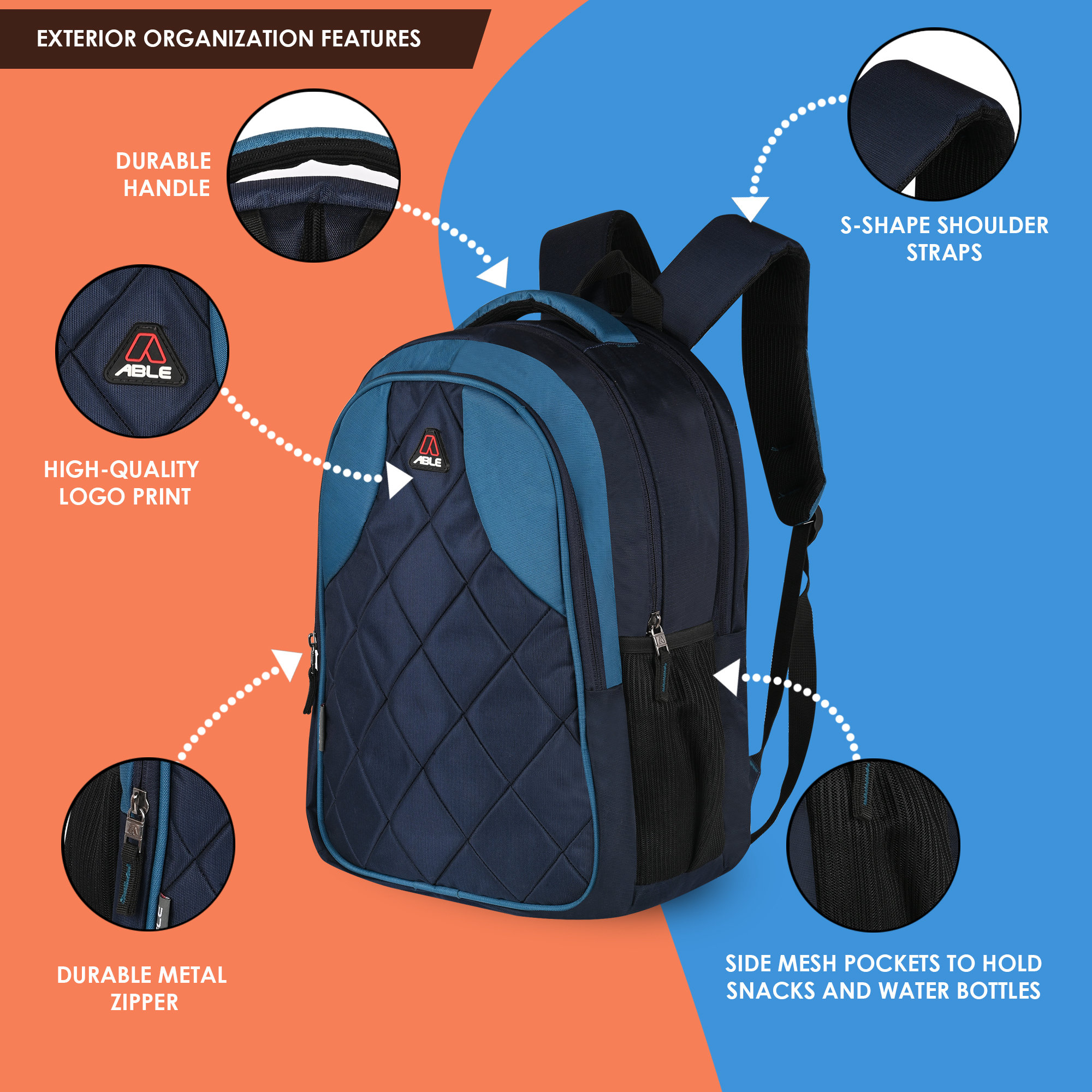 Able Diamond Backpack - Compact Design | Unisex Waterproof Shoulder Bag For Multipurpose Use In Blue, Available In Various Colors