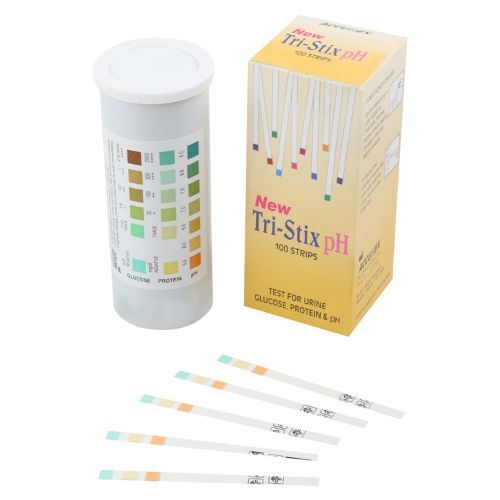 Tri-stix Urine Test Strips - Plastic, 4.9x4.9x11.9 Cm | Semi-quantitative Glucose, Protein & Ph Testing, Pack Of 100