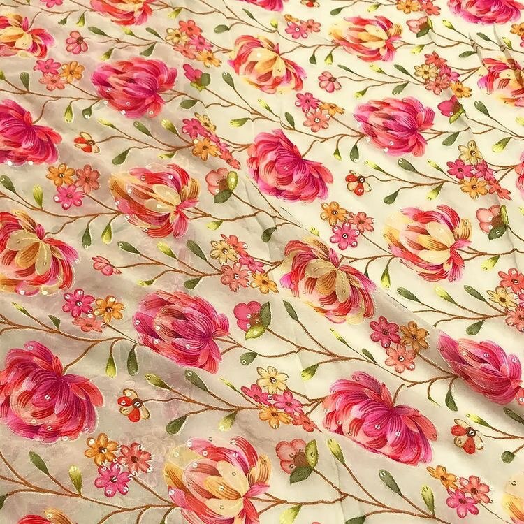 Position Print Georgette - 100% Polyester Embroidered Fabric, Multicolour Digital Prints , Soft Texture, Washable, Breathable & Elegant