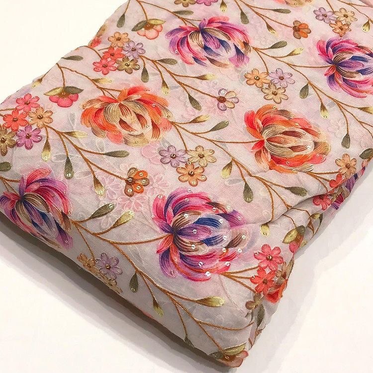 Position Print Georgette - 100% Polyester Embroidered Fabric, Multicolour Digital Prints , Soft Texture, Washable, Breathable & Elegant