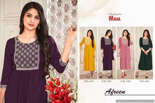 Maa Afreen Embroidery Fancy Wear Rayon Kurti Catalog