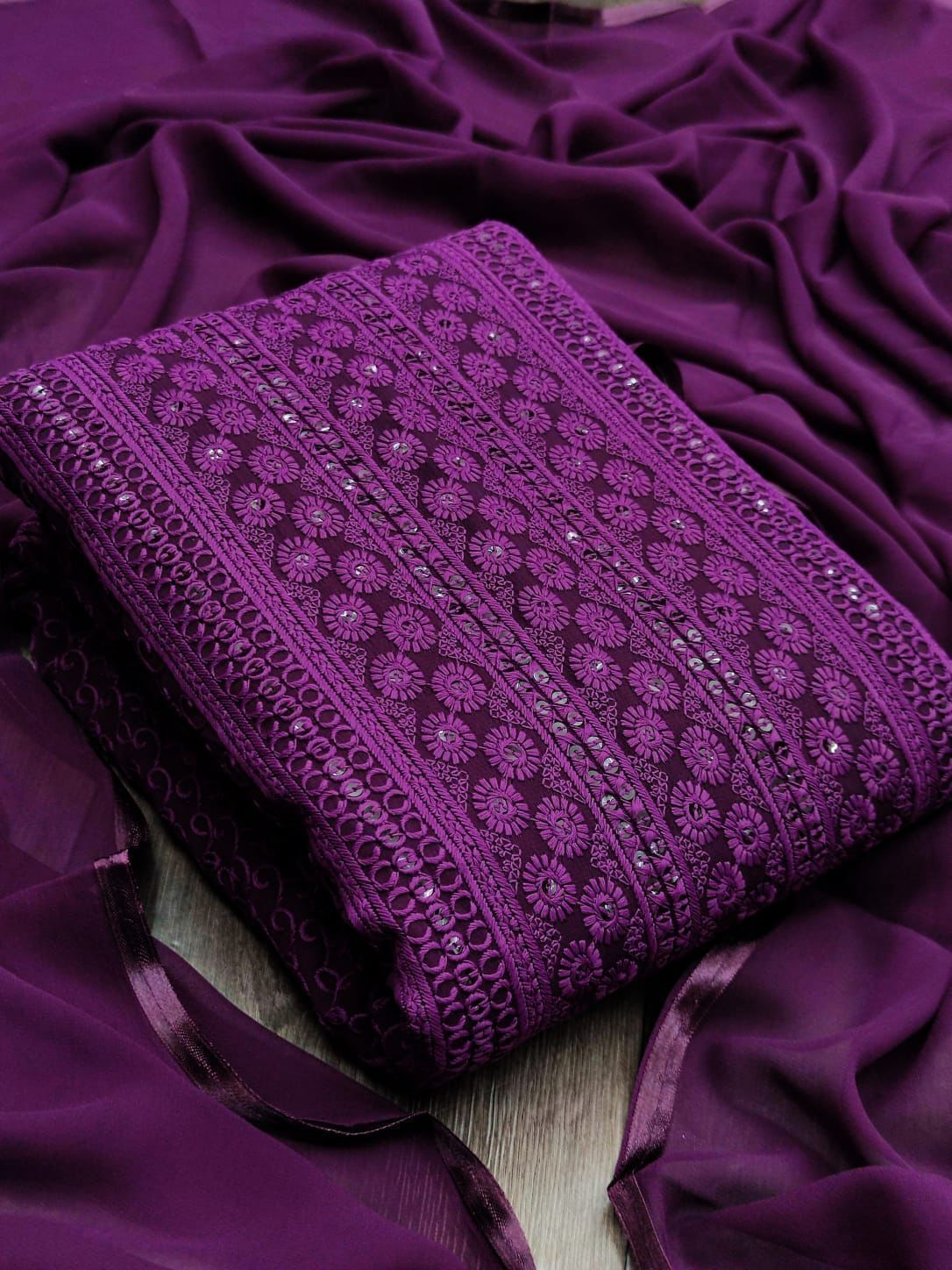 Georgette Dress Material - Heavy Daman Suit, Chiffon Siffly Top 1.9 Mts, American Crãªpe Bottom 3.5 Mts, Georgette Dupatta 2.1 Mts | Embroidered, Washable, Traditional Design