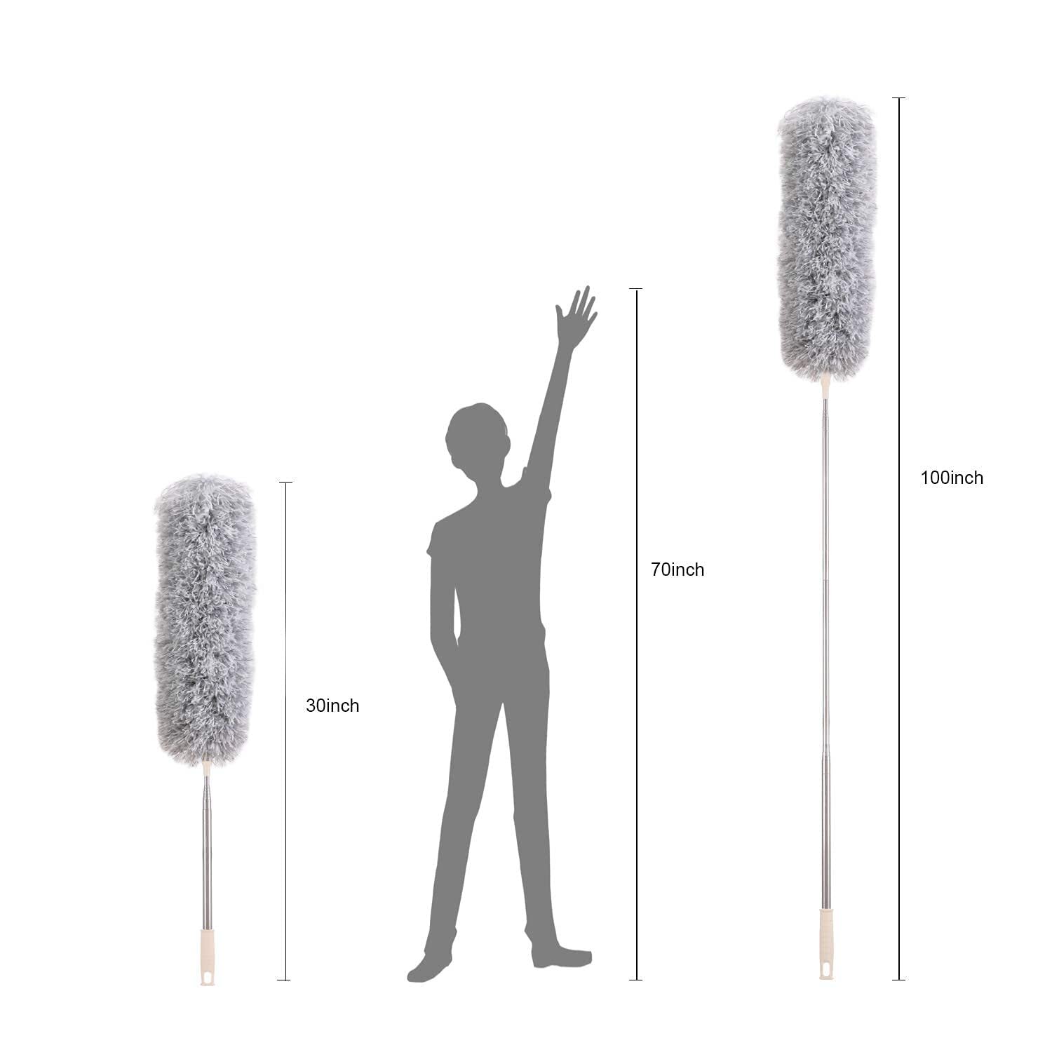 Microfiber Duster Cleaner - 100 Inch Extendable Stainless Steel Pole, Bendable Head With Soft Rubber Tip, Lightweight And Washable Design For Easy Dusting