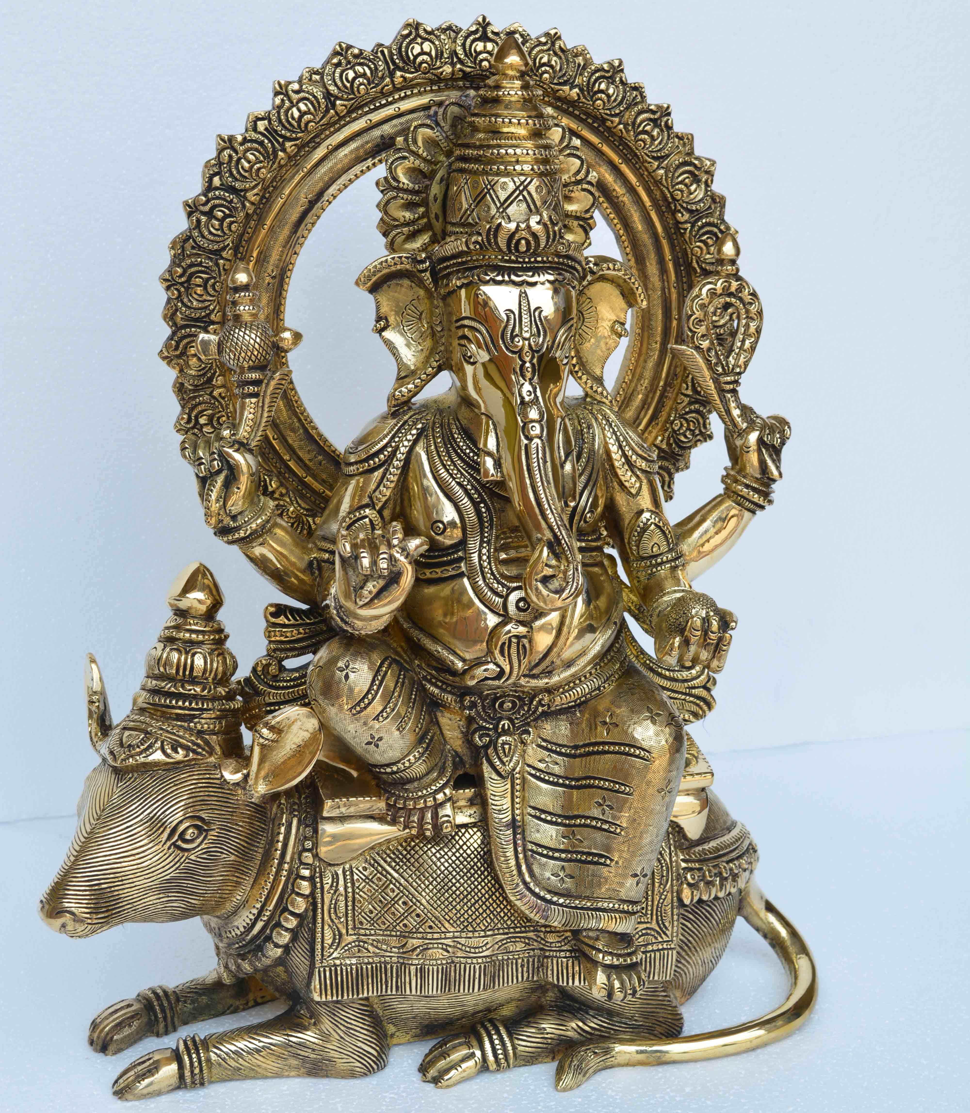 Ganesh Seated On His Mouse Ganpati Ekdant Hindu God Murti Sculpture - Finishing: Gold