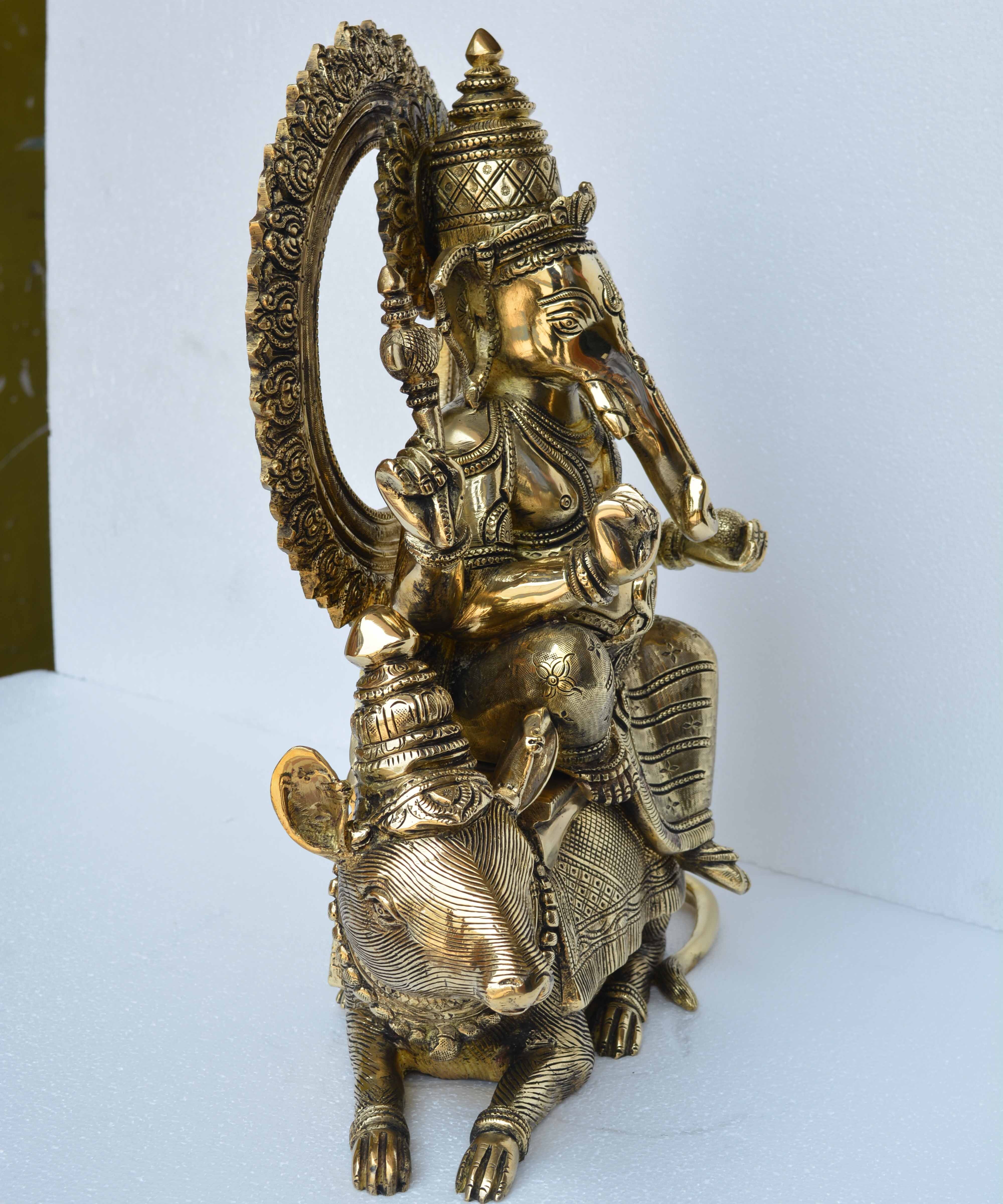 Ganesh Seated On His Mouse Ganpati Ekdant Hindu God Murti Sculpture - Finishing: Gold
