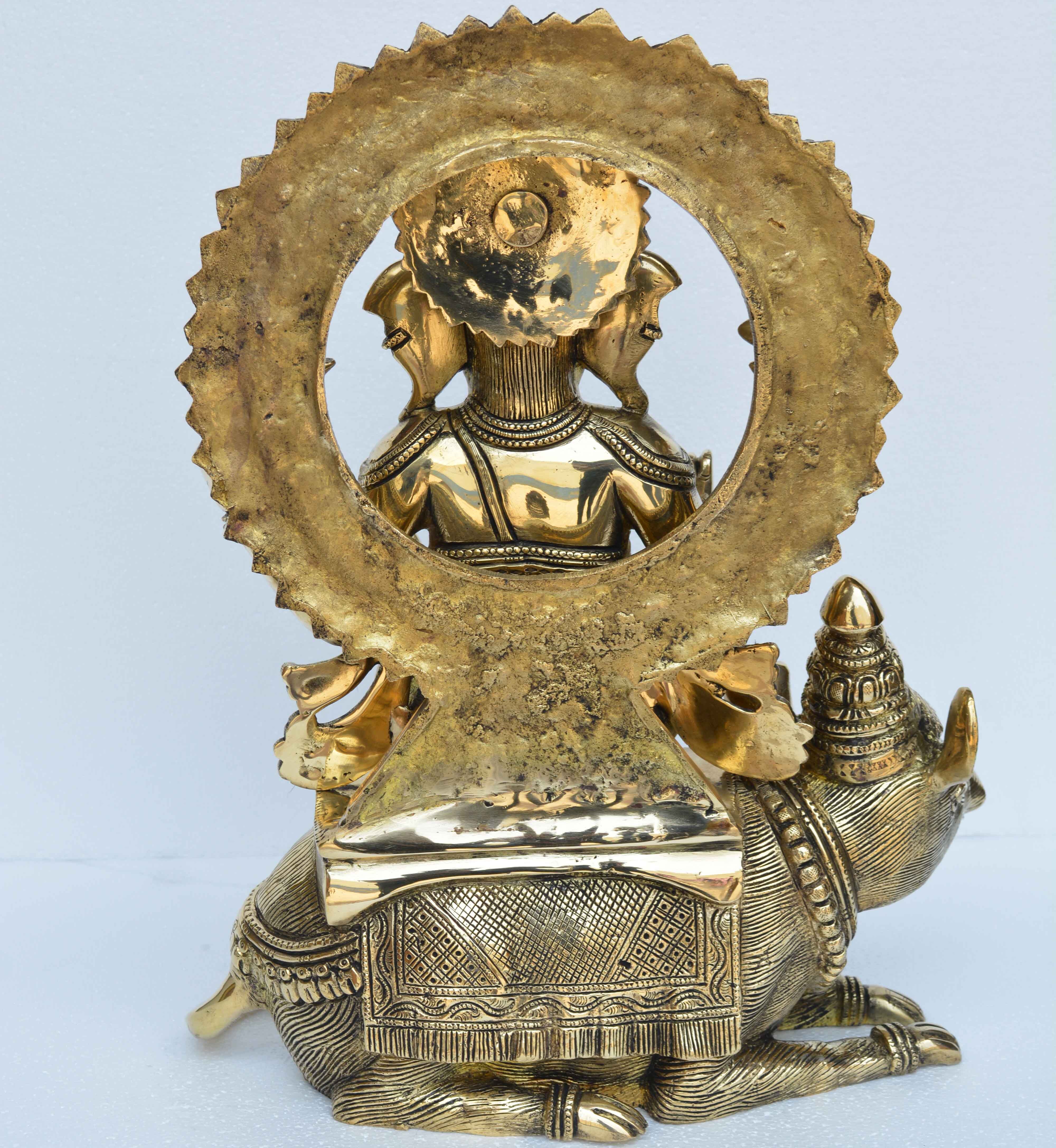 Ganesh Seated On His Mouse Ganpati Ekdant Hindu God Murti Sculpture - Finishing: Gold