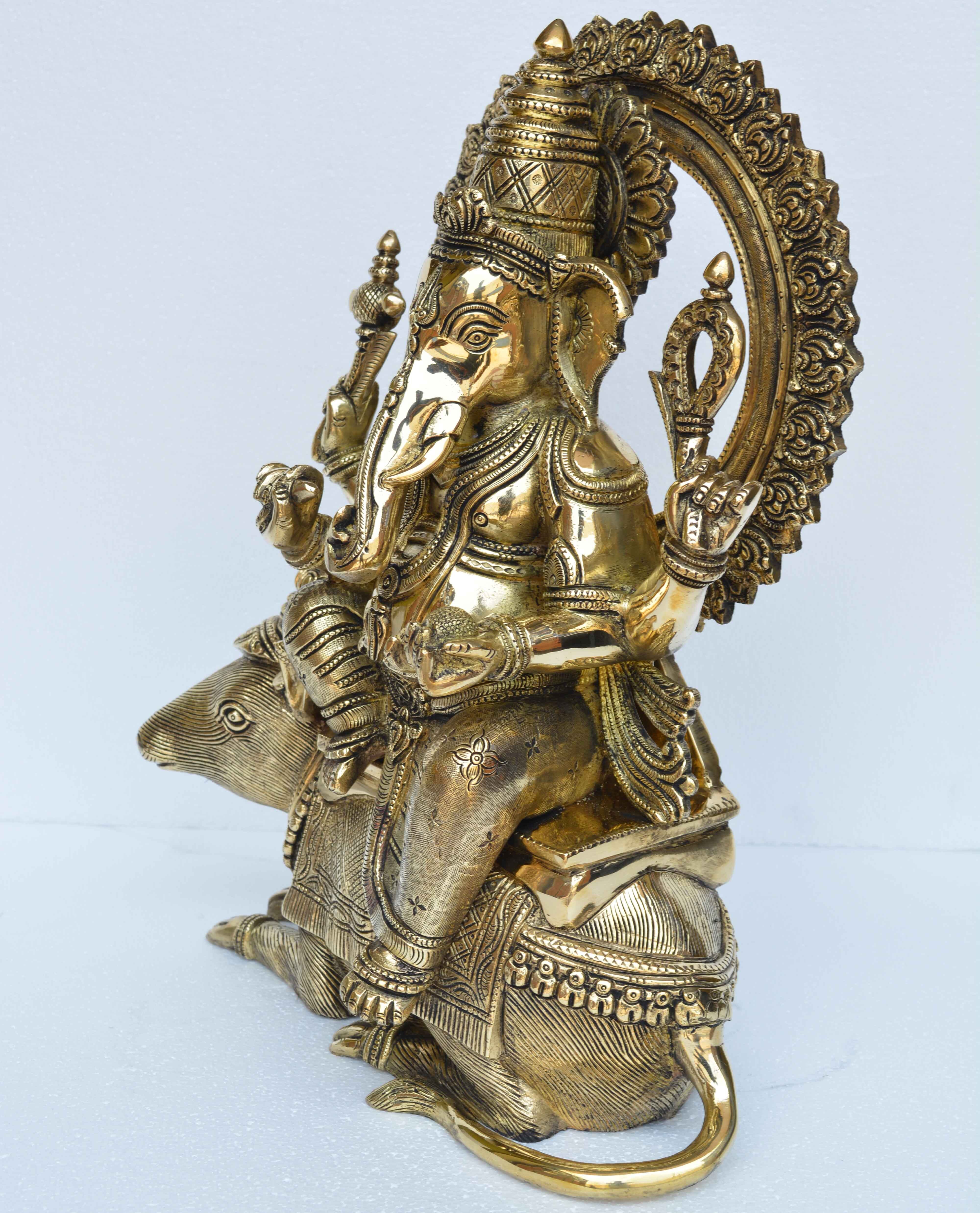 Ganesh Seated On His Mouse Ganpati Ekdant Hindu God Murti Sculpture - Finishing: Gold