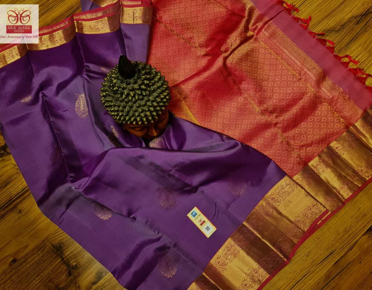 Kanjivaram Silk Saree - Double Warp Soft Silk Light Purple With Fancy Zari Border | Silk Mark Certified Luxurious All-over Butta Design Traditional Handloom Weaving