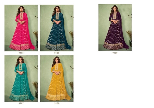 Carnival 9185 To 9189 Series Embroidery Designer Wear Faux Georgette Salwar Kameez Catalog - Top: Real Georgette, Bottom: Dull Santoon, Dupatta: Real Georgette | Features: Detailed Embroidery, Free Size 44, Elegant Design, Ready-to-Wear, 5 Designs