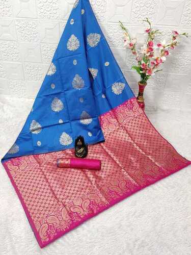 Soft Lichii Saree - Soft Lichi Silk Cloth, Exclusive Square Jacquard Blouse, Beautiful Rich Pallu & Zari Weaving | All Season, Washable, Customized Size, Indian Ethnic Pattern