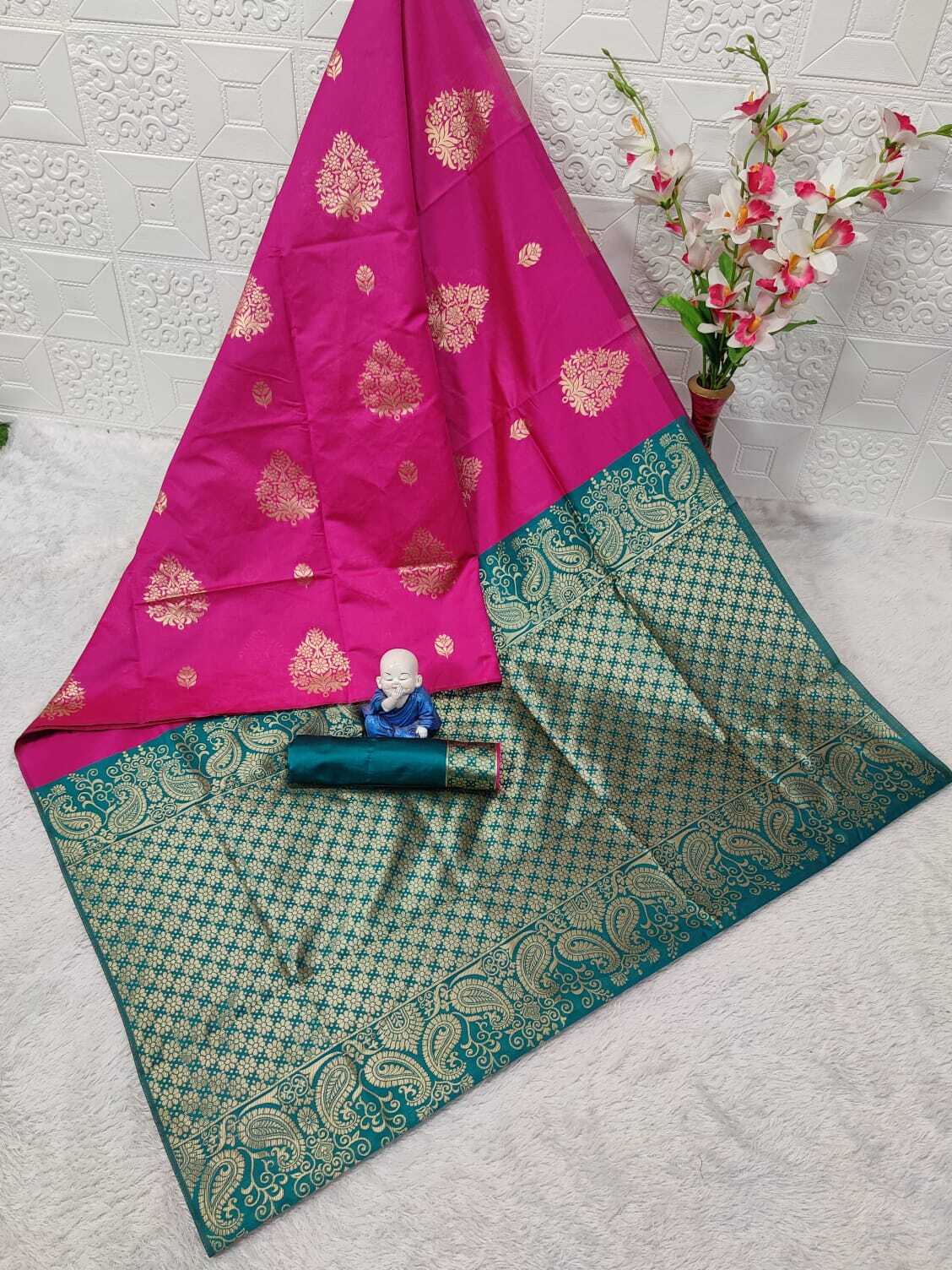 Soft Lichii Saree - Soft Lichi Silk Cloth, Exclusive Square Jacquard Blouse, Beautiful Rich Pallu & Zari Weaving | All Season, Washable, Customized Size, Indian Ethnic Pattern