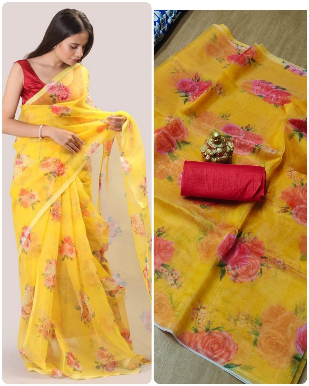 Organza Saree Silk - Kasmi Organza Digital Print Banglori Silk Blouse | Traditional Ethnic Wear Washable Customized Size All Season