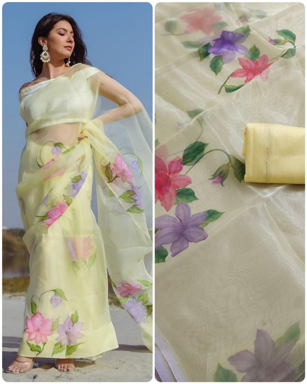 Organza Saree Silk - Kasmi Organza Digital Print Banglori Silk Blouse | Traditional Ethnic Wear Washable Customized Size All Season