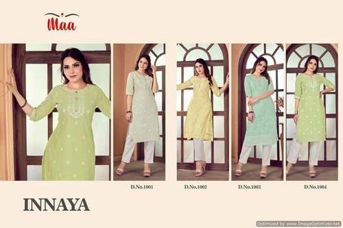 Maa Innaya Embroidery Fancy Wear Cotton Kurti Catalog - Mul Cotton, Length: 44 inches, Sizes: M | L | XL | XXL | Features: 4 Stylish Designs, Comfortable Fabric, Elegant Embroidered Style