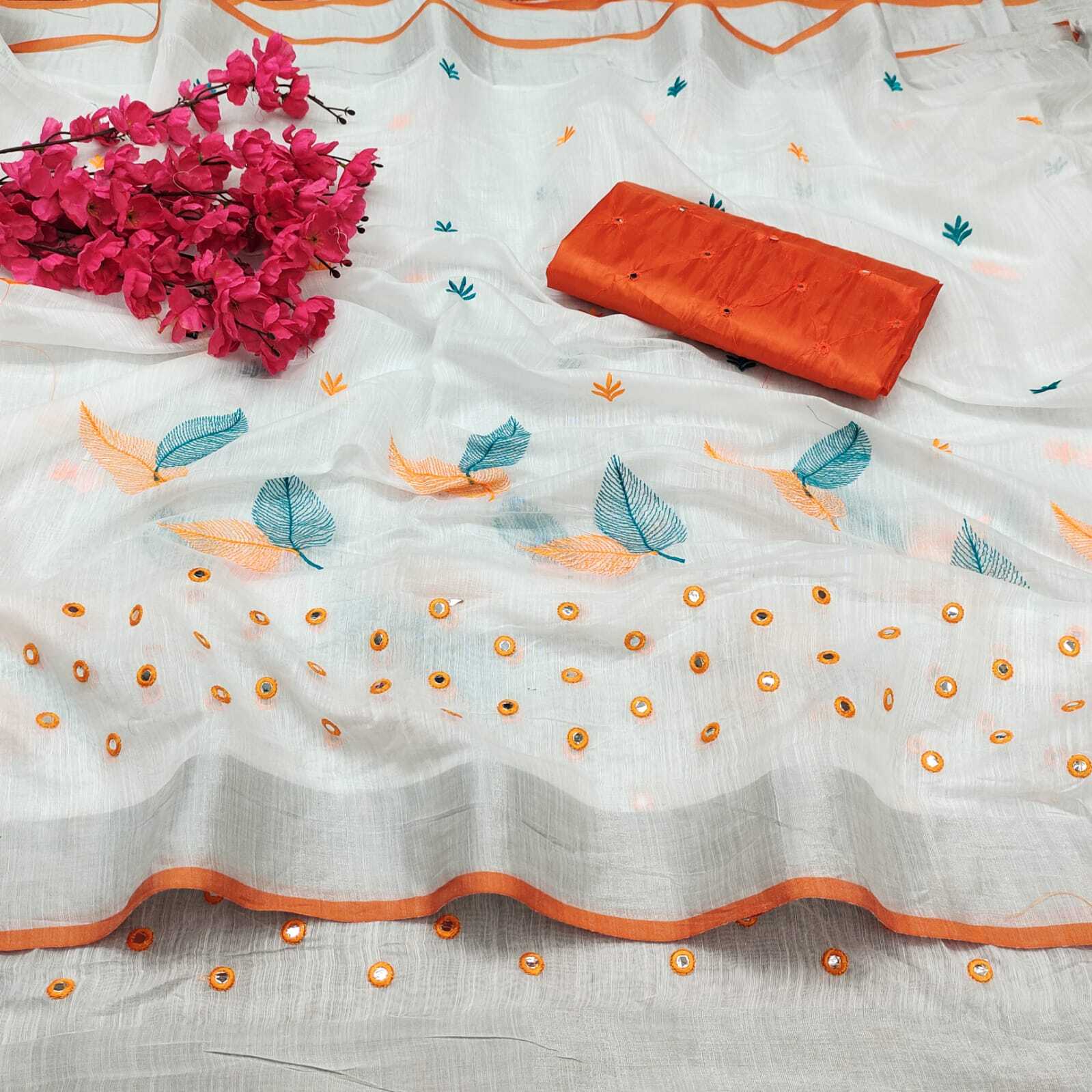 Panpat Saree - Semi Linen Cotton 5.50 Mtr Length, Embroidered Full Malti Work Pallu , All Season Wear, Customizable Size, Washable Fabric