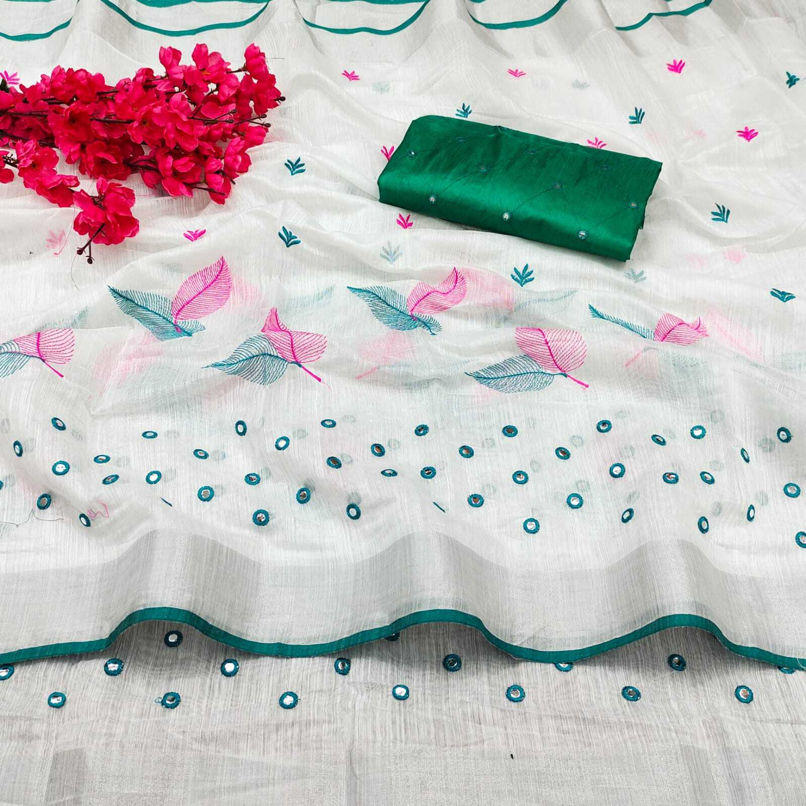 Panpat Saree - Semi Linen Cotton 5.50 Mtr Length, Embroidered Full Malti Work Pallu , All Season Wear, Customizable Size, Washable Fabric
