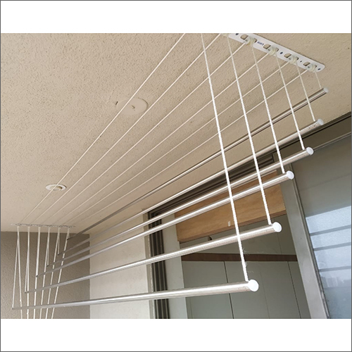 Separate Rope Ceiling Pulley Operated Cloth Hanger - Metal, Silver Color , Durable Design For Efficient Drying Space