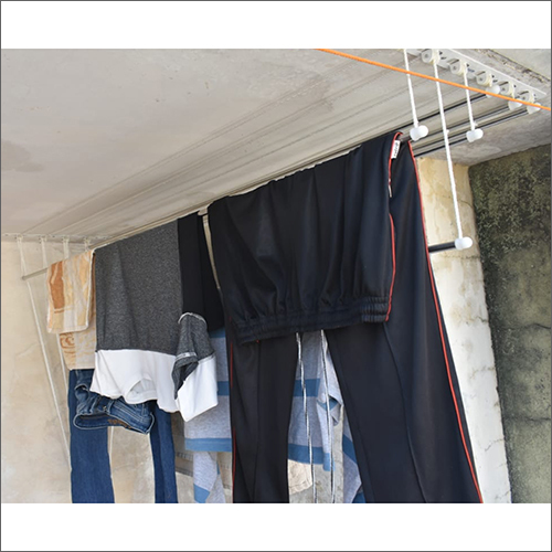 Separate Rope Ceiling Pulley Operated Cloth Hanger - Metal, Silver Color , Durable Design For Efficient Drying Space