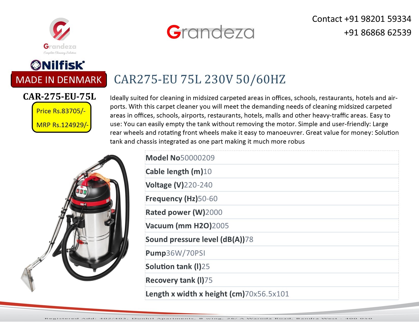 Nilfisk Car275 Eu 75l Upholstery Carpet N Sofa Cleaner Cord Length: 10 Meter (M)