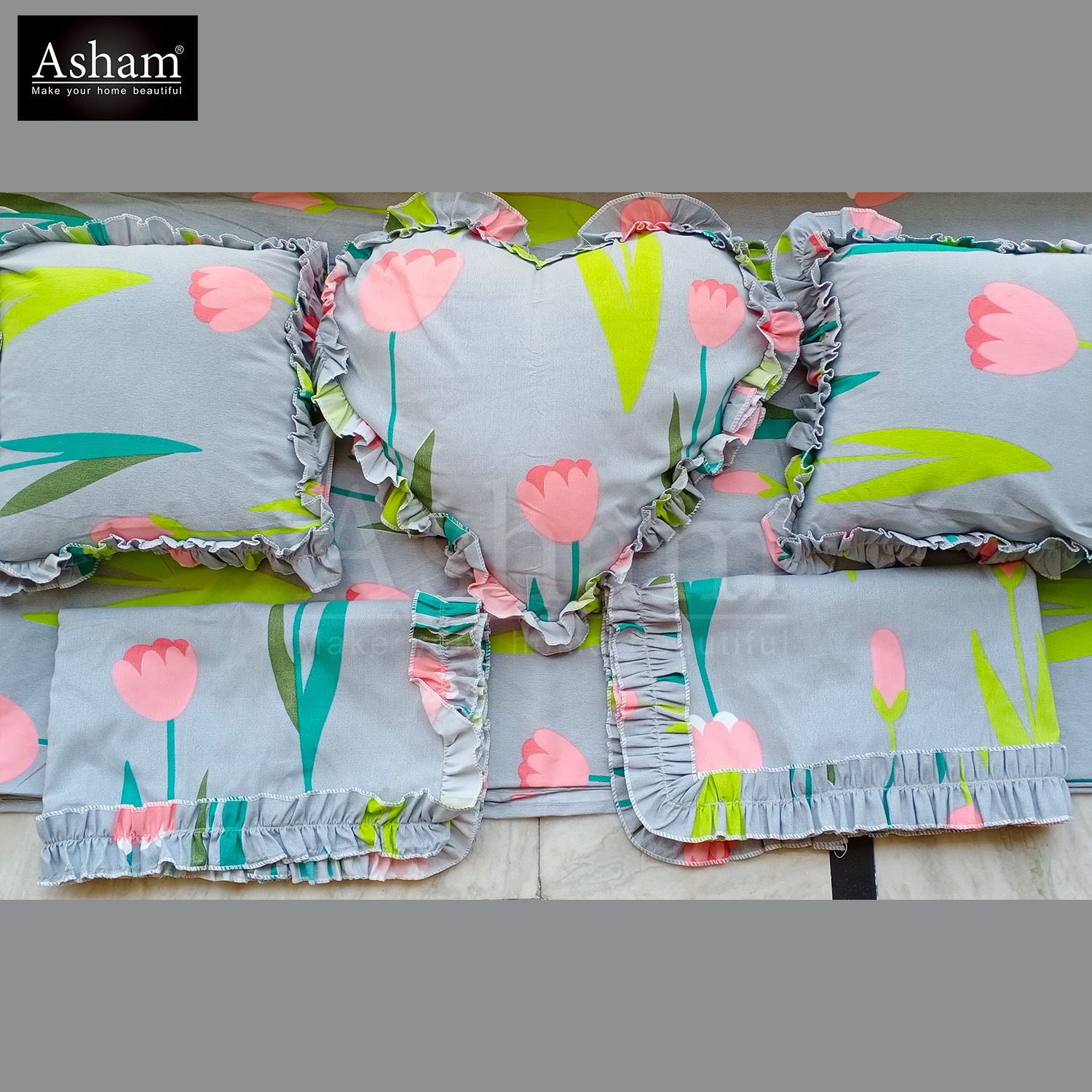 Washable 6 Piece Heart Cushion Bedding Set