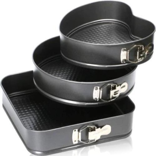 Cake Mould Pan Set Baking Tray - Steel Material, Heart Shape 22cm, Round Shape 24cm, Square Shape 26cm | Non-stick Surface, Spring Latch, Easy Clean